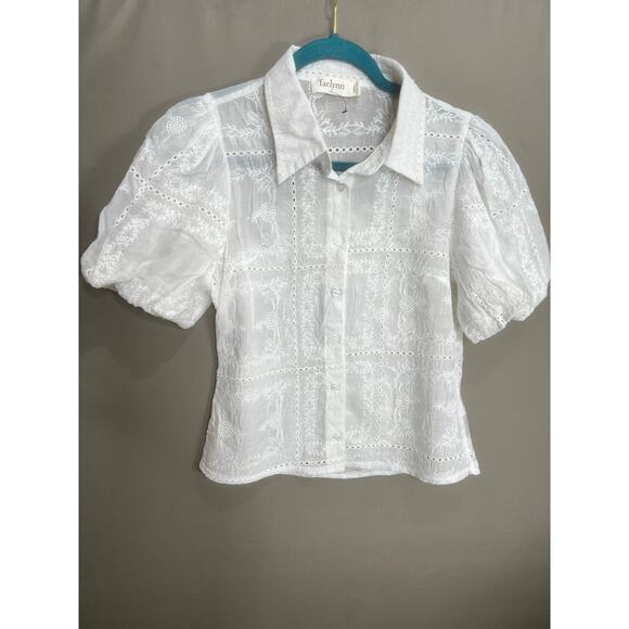 Taelynn White Coquette Button Up Puff Sleeve Embroidered Sz M Fairy Cottage Y2K - Picture 1 of 13